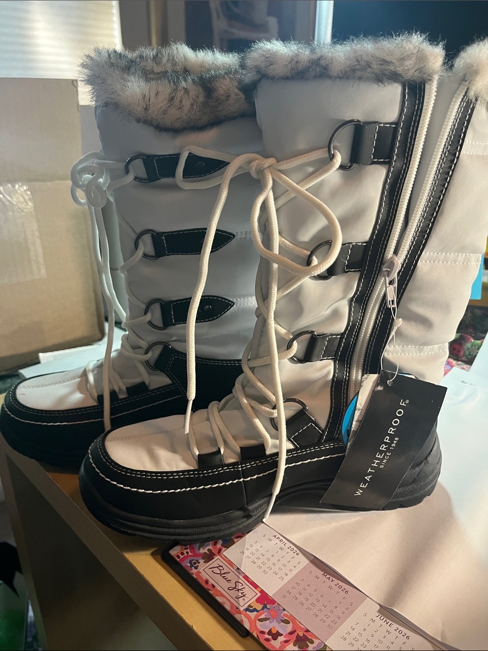 Weatherproof White and Black Faux-Fur Trim Insulated Lace-Up Winter Boots
